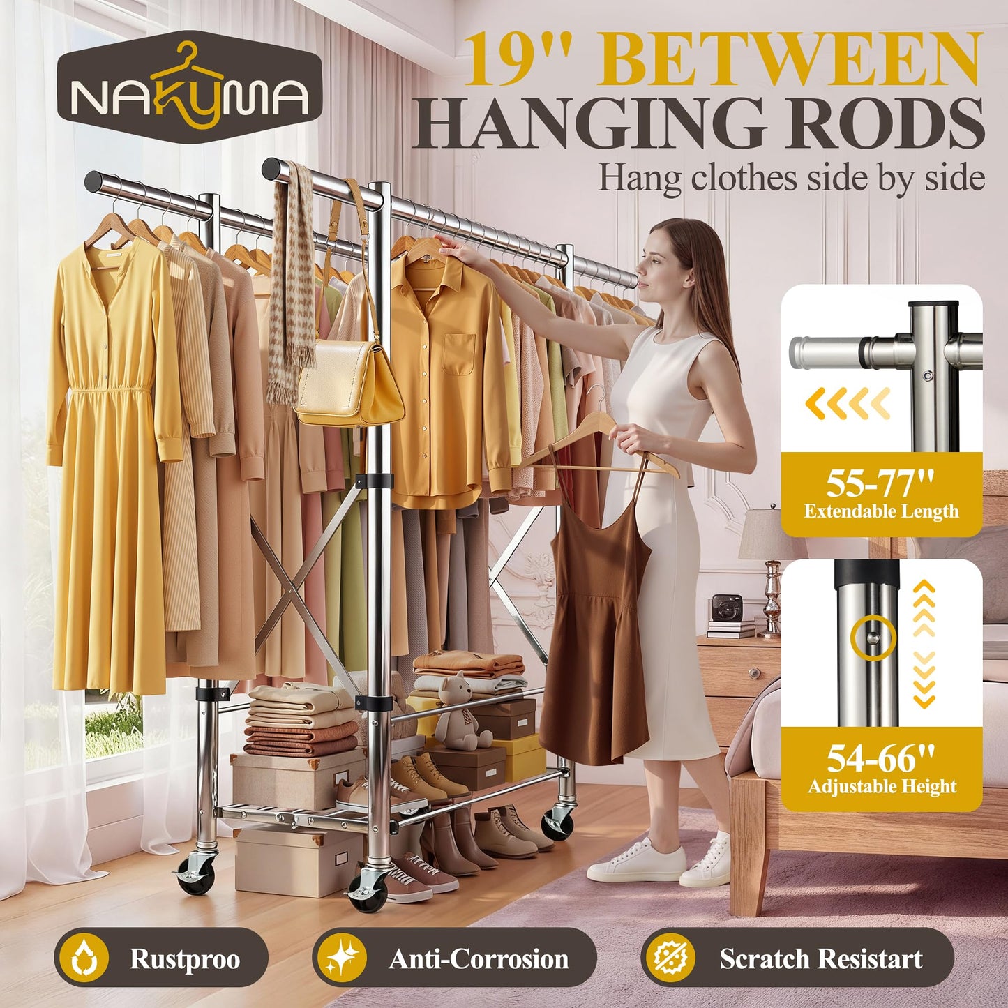 Nakyma Heavy Duty Clothes Rack Load 650 LBS, Double Rod Clothing Racks for Hanging Clothes, Foldable Garment Rack with Lockable Wheels, Portable Rolling Clothing Rack for Bedroom Laundry Living Room