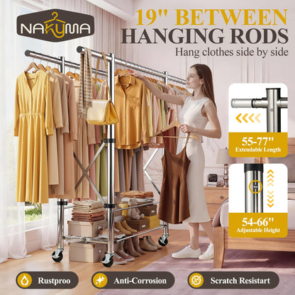 Nakyma Heavy Duty Clothes Rack Load 650 LBS, Double Rod Clothing Racks for Hanging Clothes, Foldable Garment Rack with Lockable Wheels, Portable Rolling Clothing Rack for Bedroom Laundry Living Room