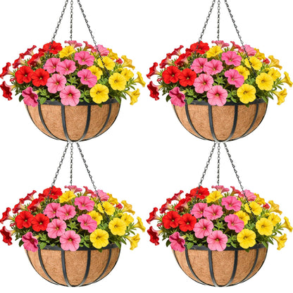 ZVOWOS 14 Inch Black Flat Iron Metal Hanging Planter Basket with Coco Coir Liner(4 Pack) Hanging Planters for Outdoor Plants Hanging Baskets for Plants Flower Pots for Deck Patio Porch Garden Balcony