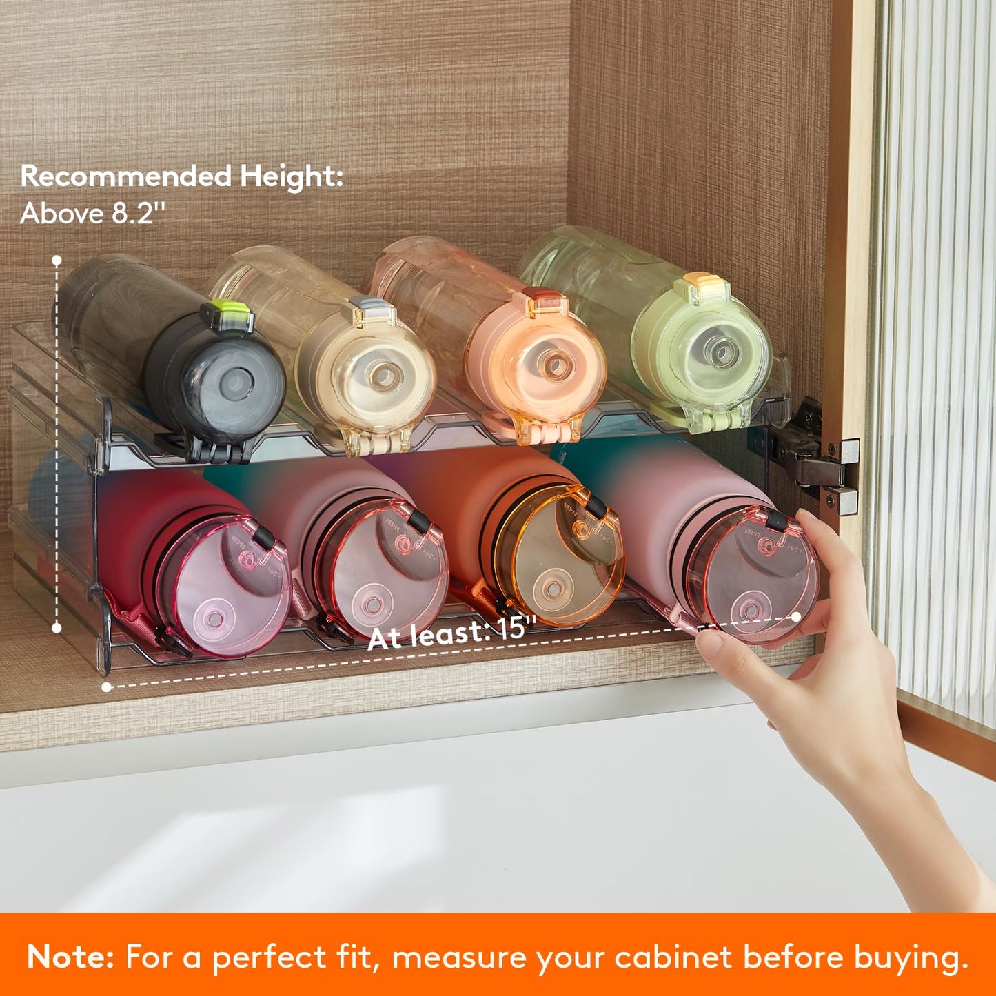 Lifewit Stackable Water Bottle Organizer for Cabinet, Plastic Bottle Holder Fits Bottles & Tumblers up to 3.8" Diameter, Pantry, Countertop & Fridge, 2 Tier Holds 8 Bottles