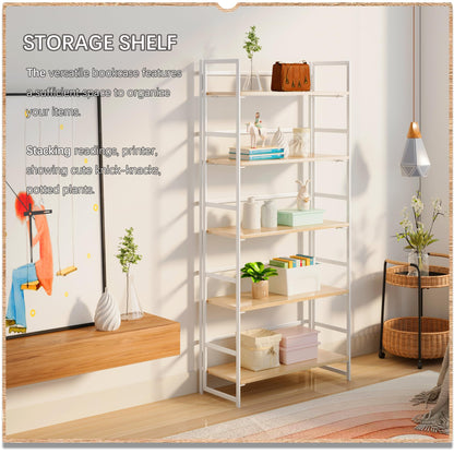 4NM No Assembly 5 Tier Collapsible Book Shelves, 51.2" H x 23.6" W Folding Bookshelf Bookcase Open Industrial Foldable Shelf for Bedroom, Living Room, Home Office - Natural White
