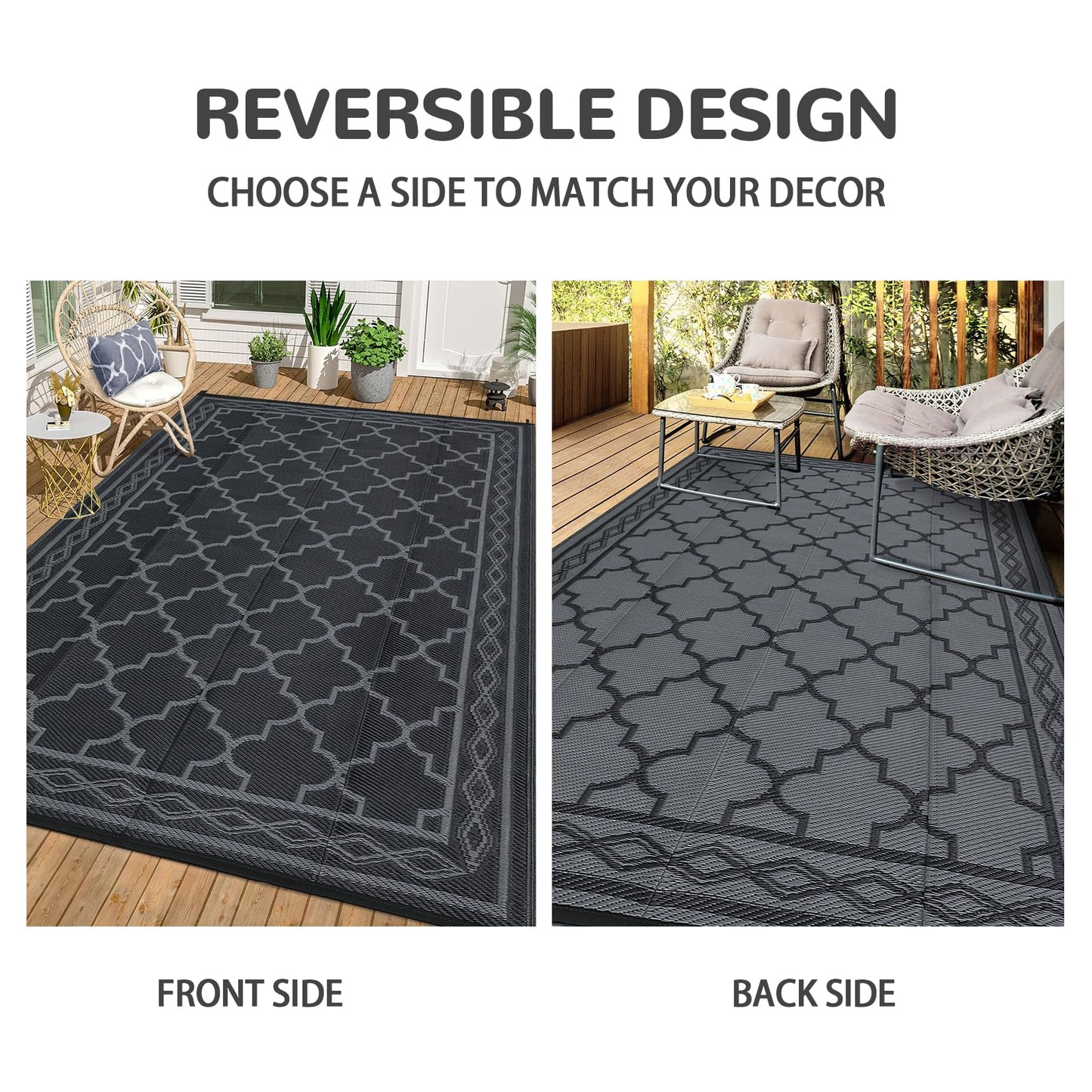GlowSol Outdoor Rug 9x18 for Patios Waterproof Mat Outdoor Plastic Straw Rug Clearance, Reversible Carpet for Rv,Large Outside Carpet for Porch, Deck, Camper, Balcony, Backyard, Picnic,Black Grey