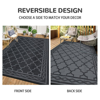 GlowSol Outdoor Rug 9x18 for Patios Waterproof Mat Outdoor Plastic Straw Rug Clearance, Reversible Carpet for Rv,Large Outside Carpet for Porch, Deck, Camper, Balcony, Backyard, Picnic,Black Grey