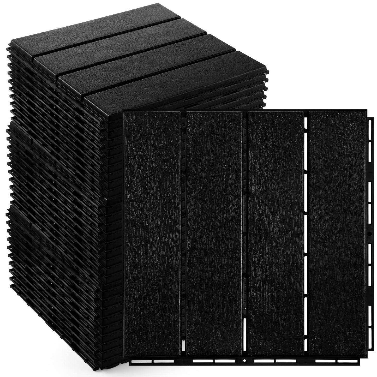 Treela 48 Pcs Plastic Interlocking Deck Tiles 12 x 12 Inch Patio Deck Tiles Waterproof Non-Slip Outdoor Flooring Composite Floor Boards for Porch, Poolside, Balcony, Backyard, Garden (Black)