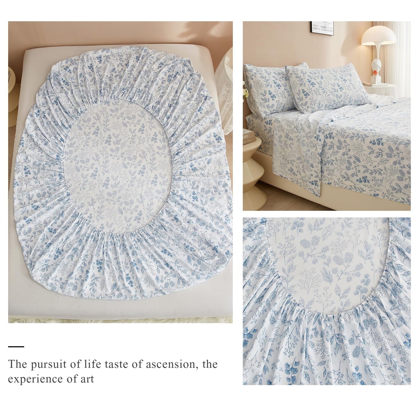 HighBuy 3 Piece Bed Sheets Set Twin XL Sheets White - Extra Soft Blue Floral Sheet Deep Pocket 16" - Luxury Soft Twin XL Sheet & Pillowcase Set - Twin XL Size Bed Cooling