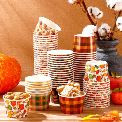 Uiifan 50 Pcs Fall Snack Cups 8 oz Disposable Pumpkin Bowls Maple Leave Plaid Thanksgiving Cups Disposable Dessert Fall Party Bowls for Ice Cream Soup Hot Cold Food Party Supplies 5 Styles