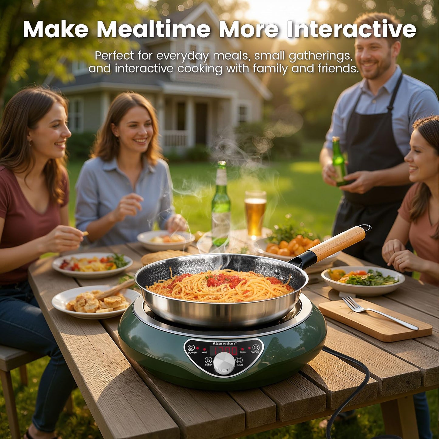 Abangdun 1700W 120V Concave Induction Wok Cooktop with Stainless Steel Wok, Non-Pulse Continuous Heating, 16 Power Levels, Portable Countertop Burner for Round-Bottom Woks & Stir-Fry Cooking