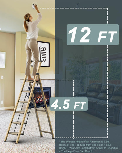 COROCO 6 Step Ladder for 12 Feet High Ceiling, Folding Step Stool with Handgrip and Anti-Slip Wide Pedal, Portable Aluminum Stepladder for Kitchen, Home (300 lbs Capacity) - Gold