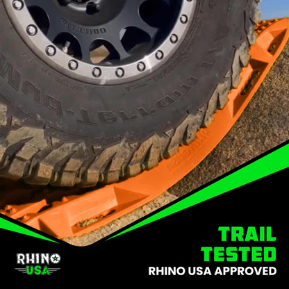 Rhino USA Off-Road Recovery Traction Boards - 2 Pack Ultimate Tire Traction Mountable Mats for 4X4 Vehicles in Sand, Mud & Snow. Heavy Duty Zipper Carry Bag and Leashes Included - (Orange)