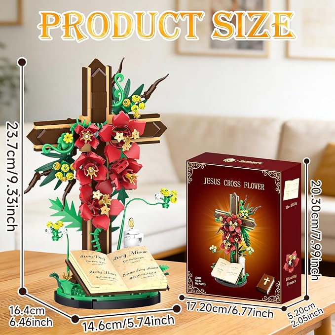 Jesus Cross Flower Building Set Religious Cross Collectibles Jesus Catholic Building Toys Christian Crucifix Floral Decor Display Easter Christian Birthday Gift for Kids Women &amp Adults (381