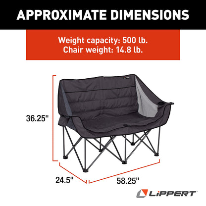 Lippert Campfire Folding Loveseat with 500-lb. Weight Capacity, Carry Bag, Durable Mesh Fabrics, High-Loft Cushioning, Storage Pocket, Dual Cupholders, Stemmed Wine Glass Holder (Grey) - 2021000206