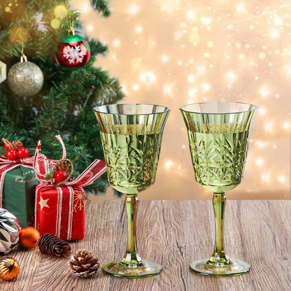10oz Green Plastic Wine Glasses Goblets Stemmed Wine Glasses Set of 12 Shatterproof and Reusable Crystal Glasses Set for Wedding Reception Grand Event Party Ceremony (12, Green)