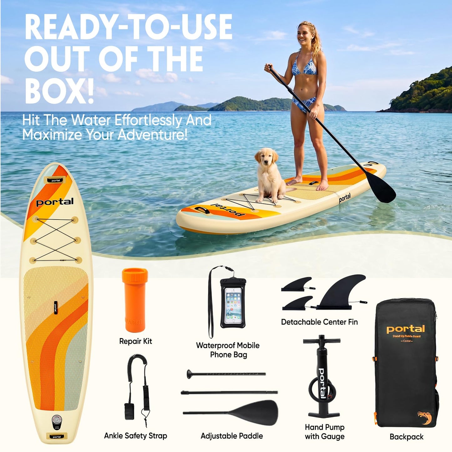 PORTAL SUP Inflatable Paddle Board for Adults, 10'6'' Stand Up Paddleboards, Non-Slip Deck Blow up Paddle Boards with Adjustable Paddle, Carry Bag, Emergency Repair Kit