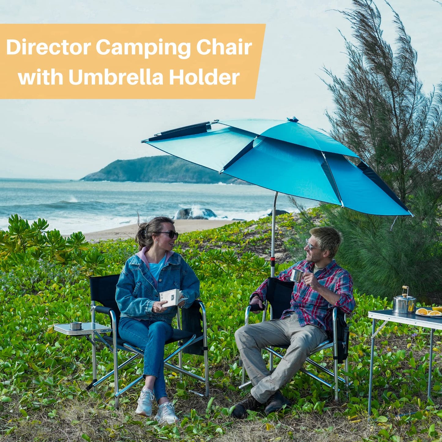 FUNDANGO Aluminium Camping Director Chair with Armrest, Portable Lightweight Folding Outdoor Camping Chair with Side Table & Umbrella Holder, Full Back Lawn Chair for Camping Fishing Picnic Stadium