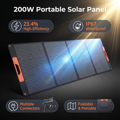 200W Portable Solar Panel, Camping Essentials,200 Watt Foldable Solar Charger for Power Station, 23.5% High Efficiency IP67 Waterproof with 10-in-1 DC Connectors for Camping RV Blackout (200W)