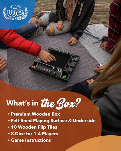 WE Games Wooden Shut The Box Game 4 Player - 10 Number Tiles &amp 8 Dice - Large 14-Inch Black Stained Wood Finish
