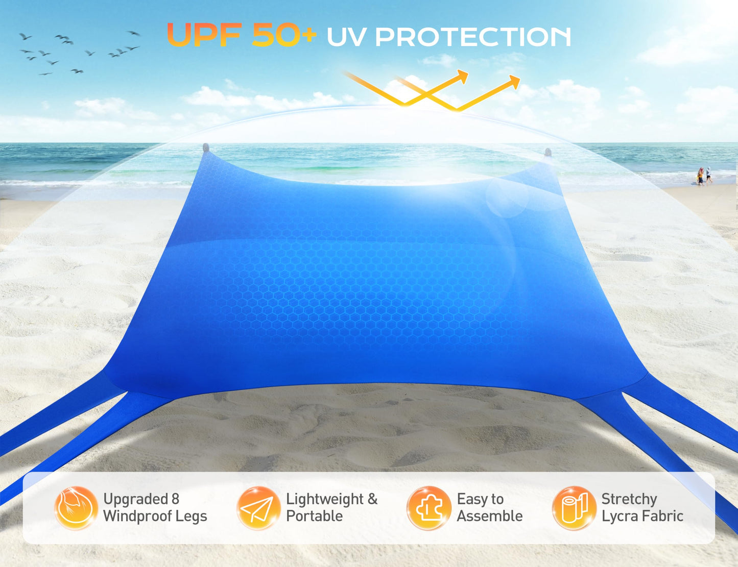 Rengue Beach Tent, Beach Canopy UPF50+ UV Protection, 10x10ft Beach Shade Sun Shelter with 8 Sandbags, Sand Shovels, Ground Pegs, Stability Poles for Camping, Fishing, Picnic, Backyard Fun, Royal Blue