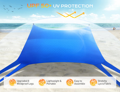 Rengue Beach Tent, Beach Canopy UPF50+ UV Protection, 10x10ft Beach Shade Sun Shelter with 8 Sandbags, Sand Shovels, Ground Pegs, Stability Poles for Camping, Fishing, Picnic, Backyard Fun, Royal Blue