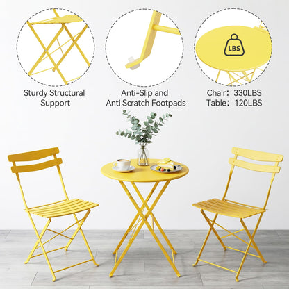 GarveeHome 3 Piece Foldable Patio Bistro Set, Outdoor/Indoor Metal Table and Chairs Furniture, Compact Round Table with 2 Folding Chairs for Balcony, Porch, Garden, Apartment, Small Space, Yellow