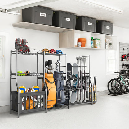 WALMANN Garage Sports Equipment Organizer Stand, Freestanding Ski & Snowboard Storage Rack with Ball Bin and Golf Bag Holder, Multi-Sport Storage for Garage
