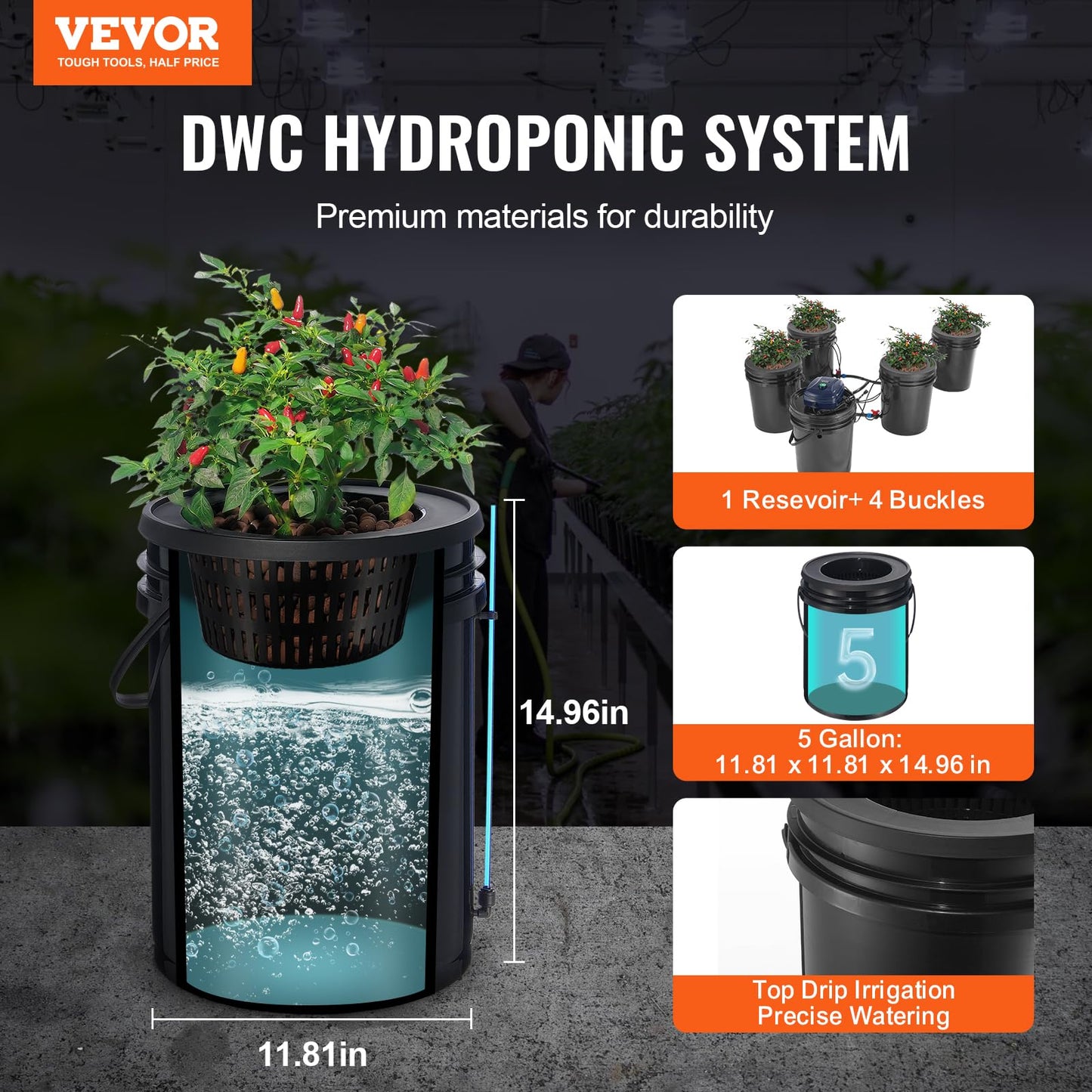 VEVOR RDWC Hydroponics Grow System, Hydroponic Growing Kit with Top Drip, Recirculating Deep Water Culture 4 Buckles and 1 Reservoir, with Air Pump and Water Level Device for Leafy Vegetables