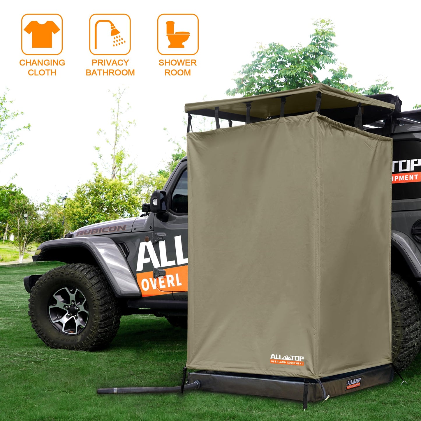 ALL-TOP Awning Shower Room w/Foldable Floor Mat, 3.3ft x 3.3ft, Privacy Shelter Restroom w/Roof, LED Light, Drain Pipe, Carside Bathroom