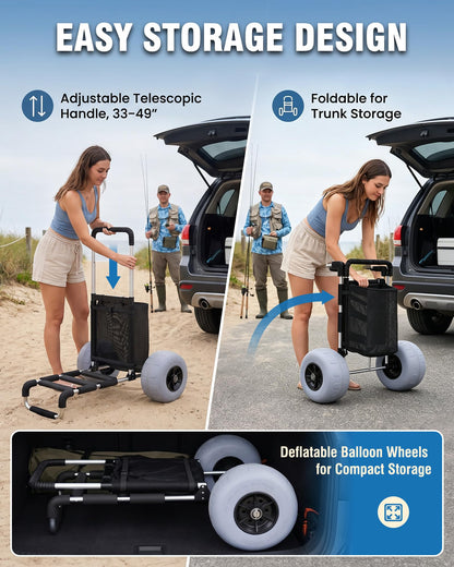 PYY Beach Fishing Cart - 220LBS Foldable Aluminum Beach Wagon Trolley with 13" Balloon Wheels, 23" x 15" Cargo Deck, Fishing Rod Holders, 30" to 40" Adjustable Handle, Heavy Duty Cart for Beach
