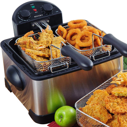Secura 1700-Watt Stainless-Steel Triple Basket Electric Deep Fryer with Timer Free Extra Odor Filter, 4L/17-Cup, Red