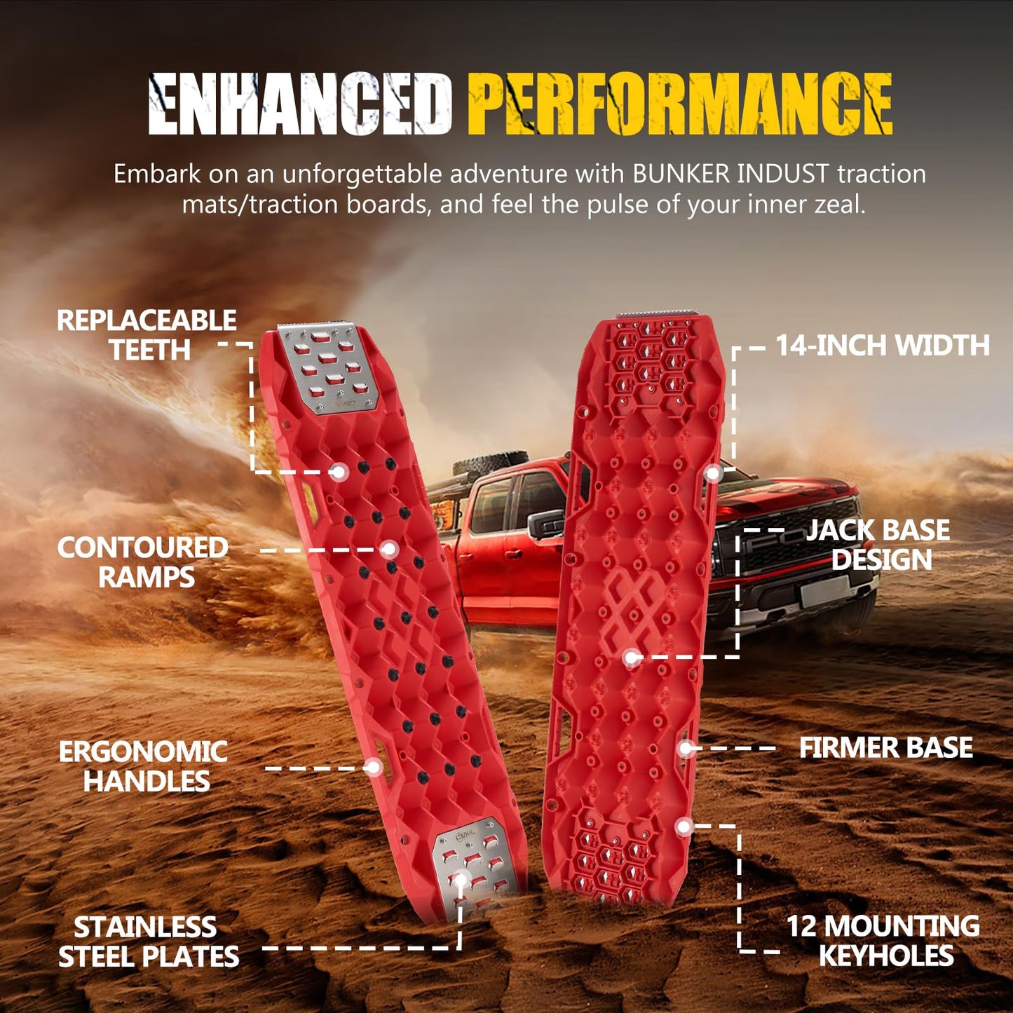 BUNKER INDUST Offroad Traction Board with Jack Base,Pair 47.24"L x 14"W Recovery Track Tire Traction Mat -Red Sand,Mud,Snow Ramps (Replaceable Dual Colors Teeth/Rugged Steel Plate) Gen 11th
