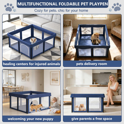 50x50x25.6 Inches Puppy Playpen with Gate, Foldable Dog Playpen for Puppies or Small Dogs, Pet Fence with Thickened Fabric, for Indoor Outdoor (Blue)