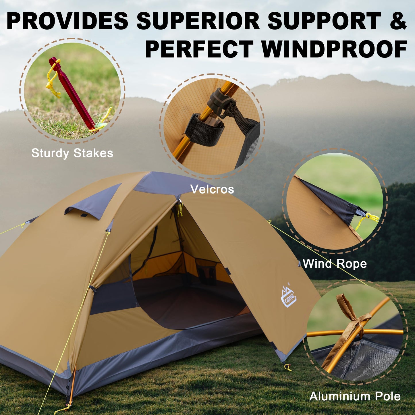 2 Person Backpacking Tent, Waterproof Windproof Two Person Tent, Lightweight Easy Setup 2 Man Tent for Camping, Hiking, Biking, Cycling, Motorbiking, Mountaineering - Khaki