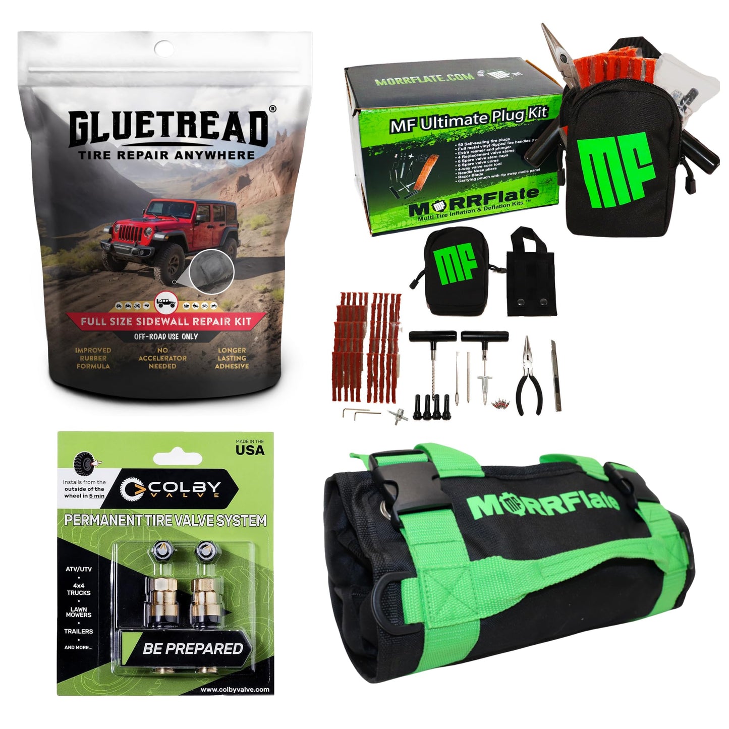 MORRFlate Xtreme 4×4 Tire Repair Kit Complete Off-Road Tire Repair Includes Tool Roll Bag, Tire Plug Kit, GlueTread Sidewall Tire Repair Kit, and Two Colby Valve Permanent Valve Stem Replacements