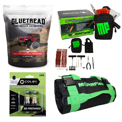 MORRFlate Xtreme 4×4 Tire Repair Kit Complete Off-Road Tire Repair Includes Tool Roll Bag, Tire Plug Kit, GlueTread Sidewall Tire Repair Kit, and Two Colby Valve Permanent Valve Stem Replacements