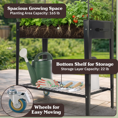 Raised Garden Bed with Cover - 31.5”x15.75”x47.25” Metal Elevated Planter Box with Legs, Greenhouse Cover, Wheels, and Storage Shelf - for Growing Flowers, Vegetables, or Herbs by Pure Garden (Black)
