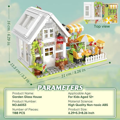 Flower House Building Block for Adults Garden Architecture Building Toy with LED Greenhouse Model Building Set Garden Glass House Building Kit Christmas &amp Ideal Gift for Kids 12+ (1188pcs)