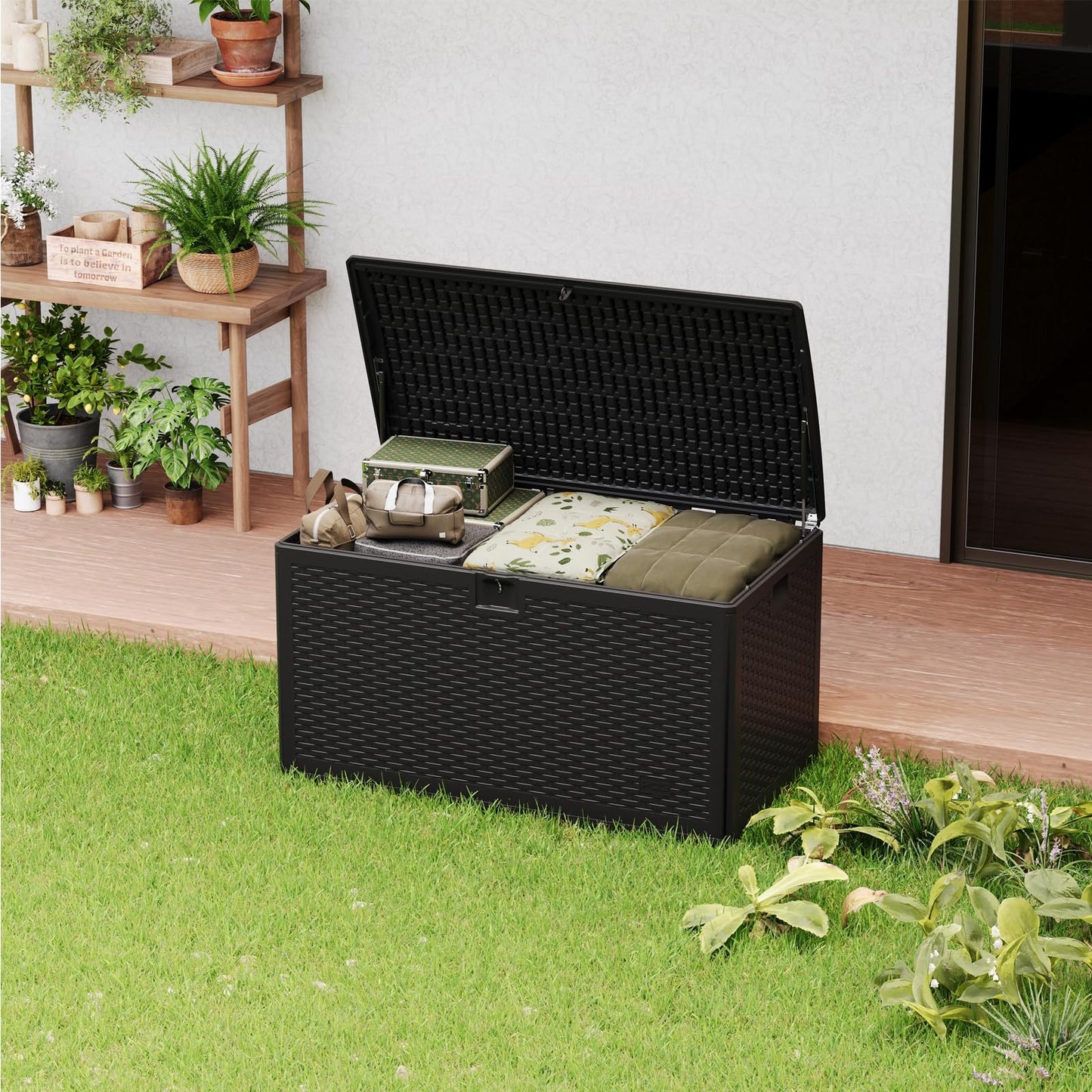 Garvee 120 Gallon Waterproof Large Resin Deck Box Indoor Outdoor, Lockable Storage Container for Patio Furniture Tools, Waterproof Deck Box with Hydraulic Rod Patio Storage Bin for Pool Garden, Black