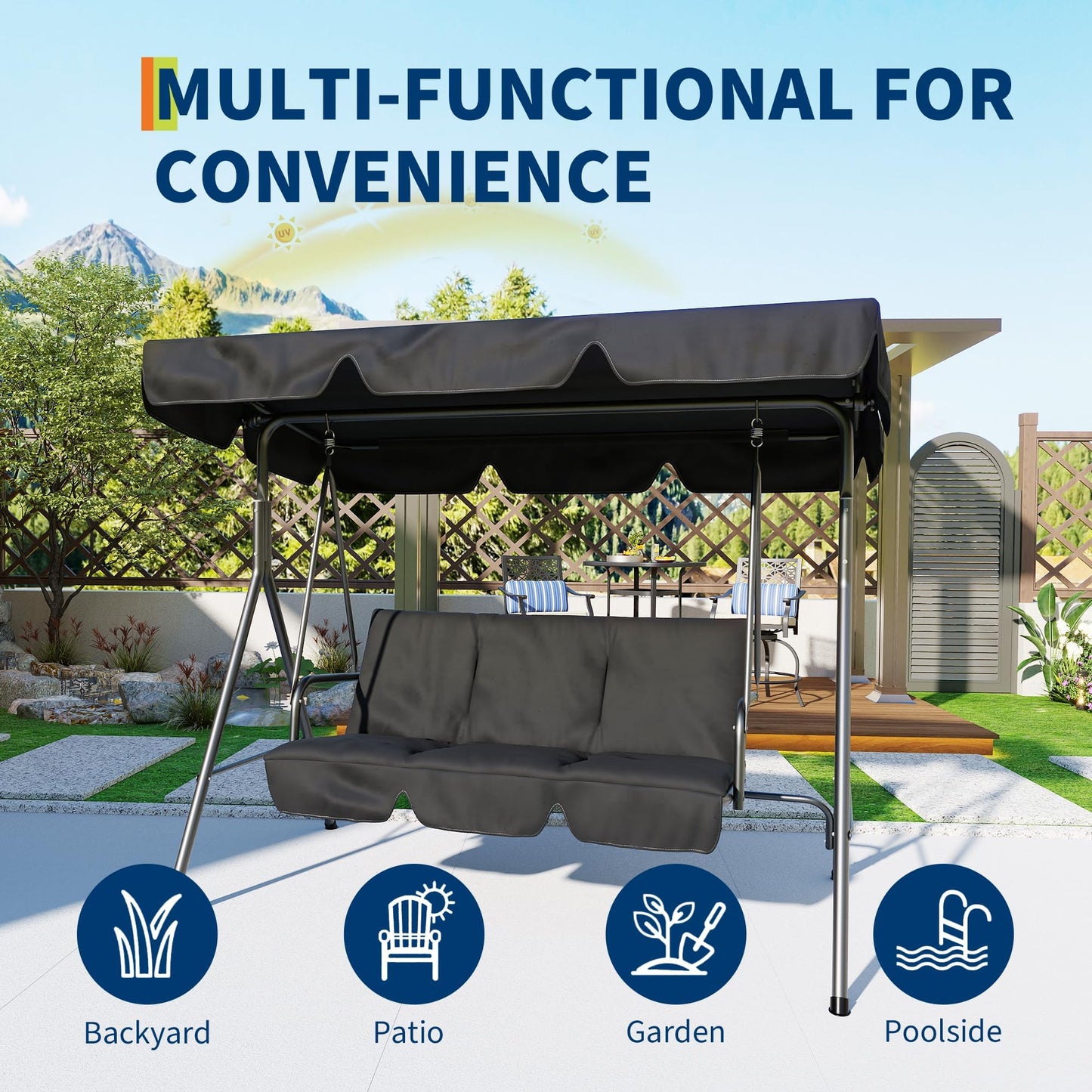 3 Seat Outdoor Porch Patio Swing with Stand and Adjustable Canopy, 800lbs Patio Chairs Porch Swing with Adjustable Tilt Shade for Blackyard Garden Deck, Grey