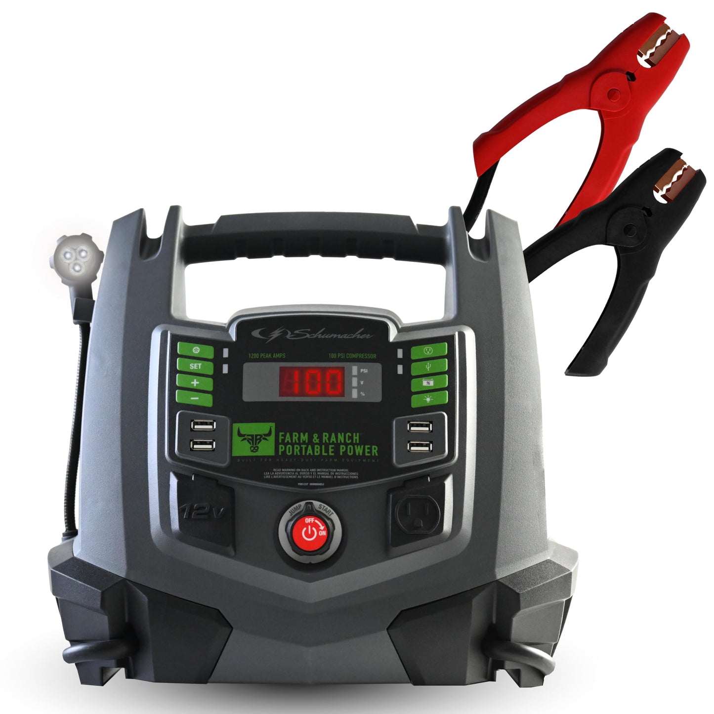 Schumacher Electric Farm & Ranch 1200A Car Battery Jump Starter and Portable Power Station, 5-in-1 Solution for 12V Batteries, 100-PSI Air Compressor, 200 Continuous/400 Peak Watt Inverter, FR01337