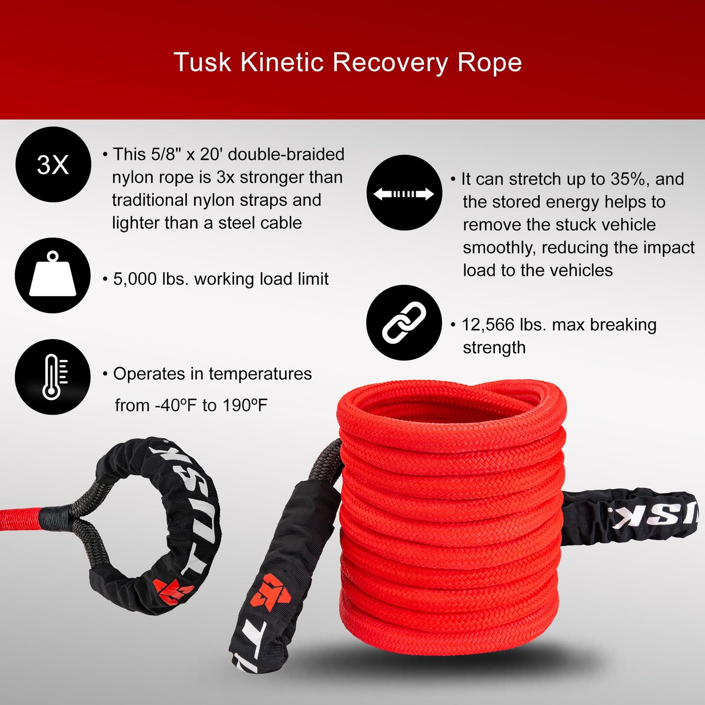 Tusk Heavy Duty UTV/ATV Kinetic Recovery Kit with Kinetic Rope (5/8” x 20’) Tree Strap (3' X 8') Aluminum Snatch Recovery Ring and Two Shackles (Stage 3, Synthetic)