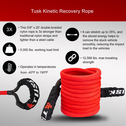 Tusk Heavy Duty UTV/ATV Kinetic Recovery Kit with Kinetic Rope (5/8” x 20’) Tree Strap (3' X 8') Aluminum Snatch Recovery Ring and Two Shackles (Stage 3, Synthetic)