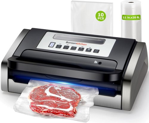Bonsenkitchen Vacuum Sealer Machine - Powerful Low-Noise Design with Built-In Cutter & Bag Storage | Includes 1 Roll & 10 Bags