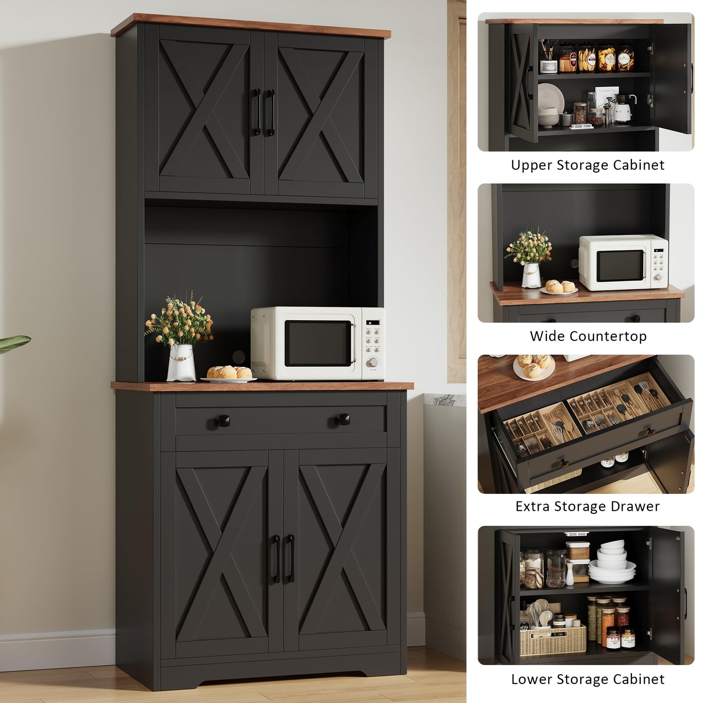 GarveeLife 71" Pantry Cabinet with Charging Station, Tall Kitchen Pantry Storage Cabinet with Microwave Stand, Large Farmhouse Kitchen Hutch with Cabinet Doors & Drawer for Living Room, Dining Room