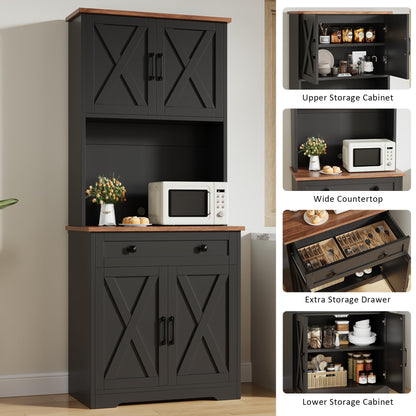 GarveeLife 71" Pantry Cabinet with Charging Station, Tall Kitchen Pantry Storage Cabinet with Microwave Stand, Large Farmhouse Kitchen Hutch with Cabinet Doors & Drawer for Living Room, Dining Room