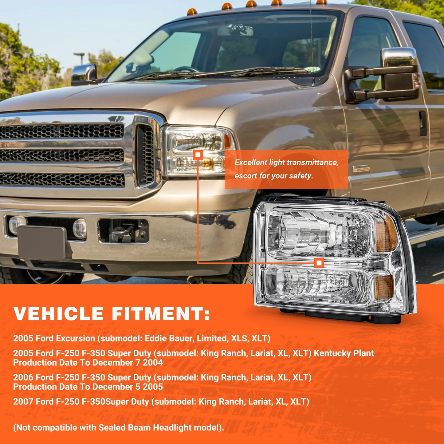AXLAHA Headlight Assembly for 2005 2006 2007 Ford F250 F350 F450 F550 Super Duty Chrome Housing Amber Reflect 05 Ford Excursion Headlamps Driver and Passenger Side