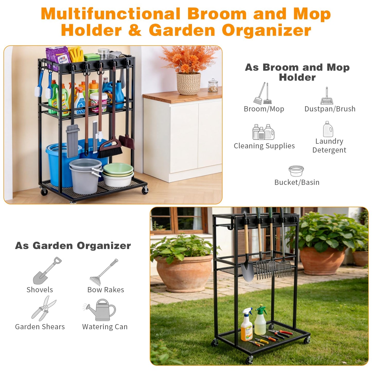 QonicFly Broom Holder with Cleaning Cart on Wheels – 300 lbs Weight Capacity, Holds Upright Vacuum & Steam Mop, Locking Brakes, Slim 22" Wide Storage for Garage Laundry Room, No Tools Assembly
