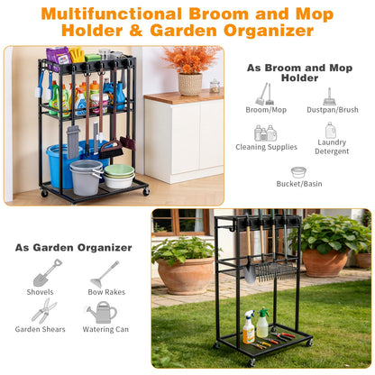 QonicFly Broom Holder with Cleaning Cart on Wheels – 300 lbs Weight Capacity, Holds Upright Vacuum & Steam Mop, Locking Brakes, Slim 22" Wide Storage for Garage Laundry Room, No Tools Assembly