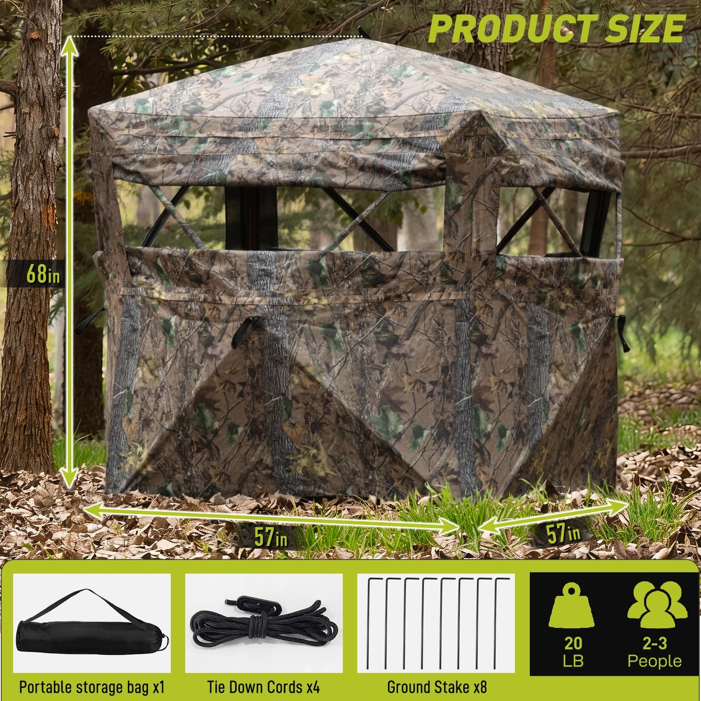 Mionovity Hunting Blind, 360° See Through Ground Blind for Turkey Hunting, Turkey Ground Blind, Hunting Blind for Turkey & Deer, 2-3 Person Pop Up Portable Camouflage Tent with Carrying Bag