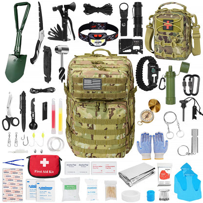 Survival First Aid Kit,99PCS Professional Survival Gear Large Hiking Backpack with Emergency Equipment Outdoor Adventure Accessories,Gift for Men Father - (Camo-Brown)