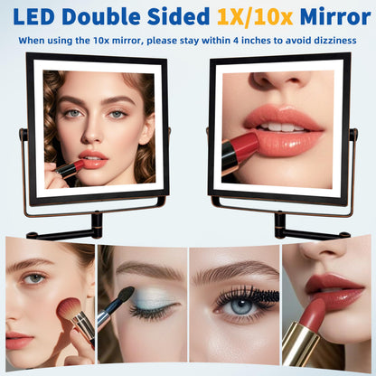 Ruacq Rechargeable Wall Mounted Makeup Mirror with Lights, Double Sided 1X/10X Magnifying Vanity Mirror with 3 Color Lighting, Touch Screen Dimmable, 360° Rotation Extension Foldable Arm(Matte Black)