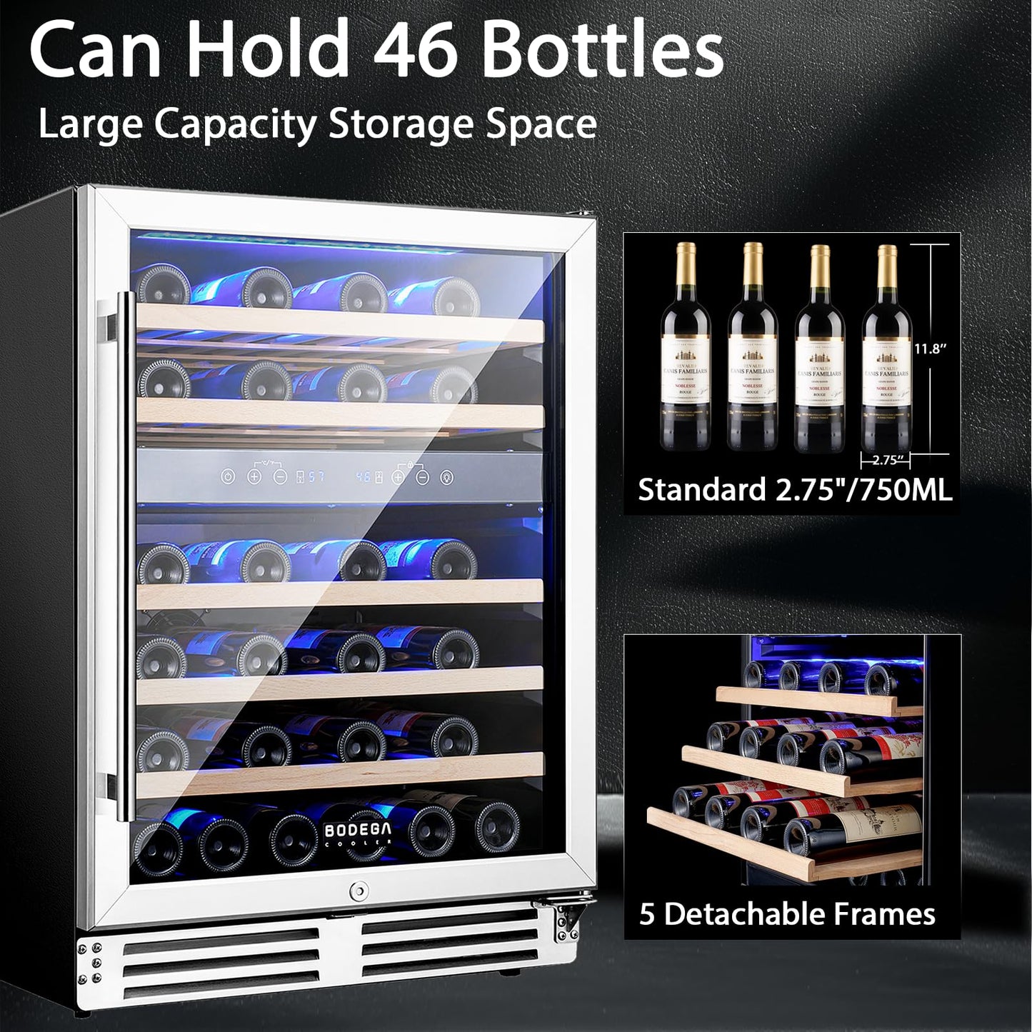 BODEGA 24 Inch Dual Zone Wine Fridge, 46 Bottle Built-in Wine Cooler with Compressor Cooling, Double-Layer UV Glass Door, Digital Thermostat & ≤35dB Quiet – Freestanding Fridge for Home Kitchen Bar